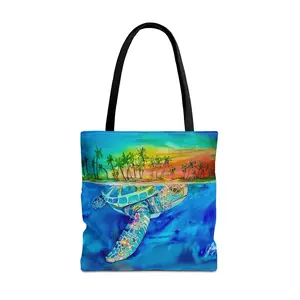 Sea Turtle Painting Tote Bag | Colorful Oversized 18x18 Beach Grocery Book Bag