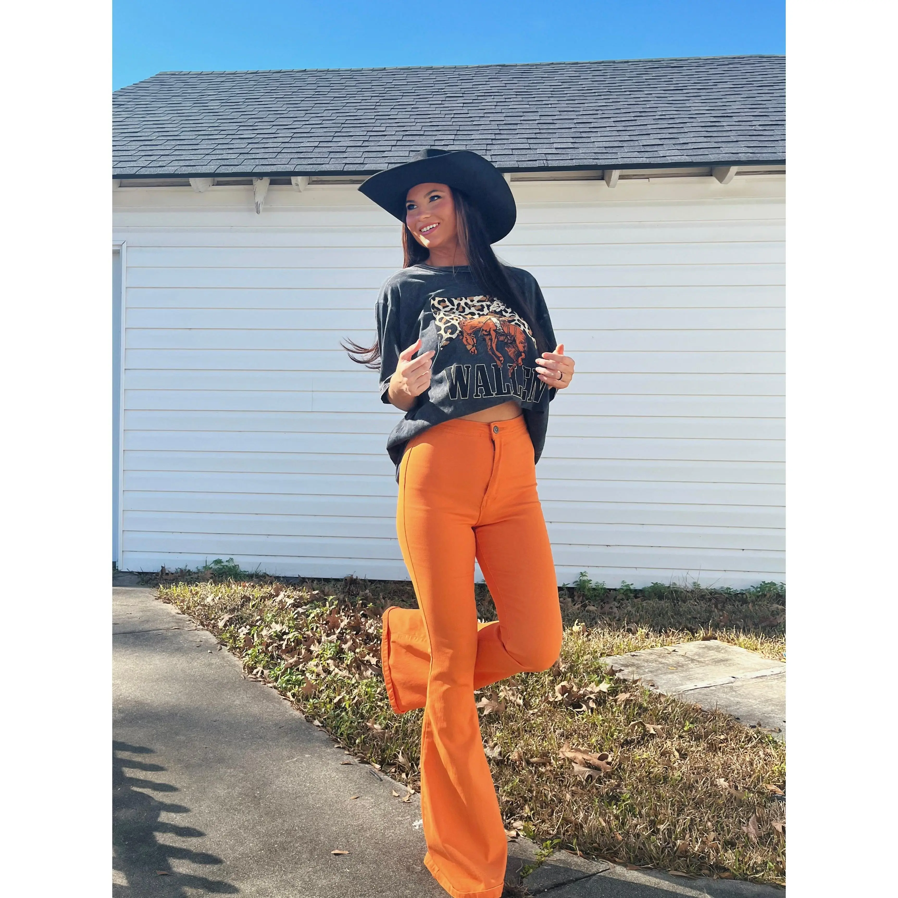Fiona High Waisted Bell Bottom Flare Jeans - Orange
