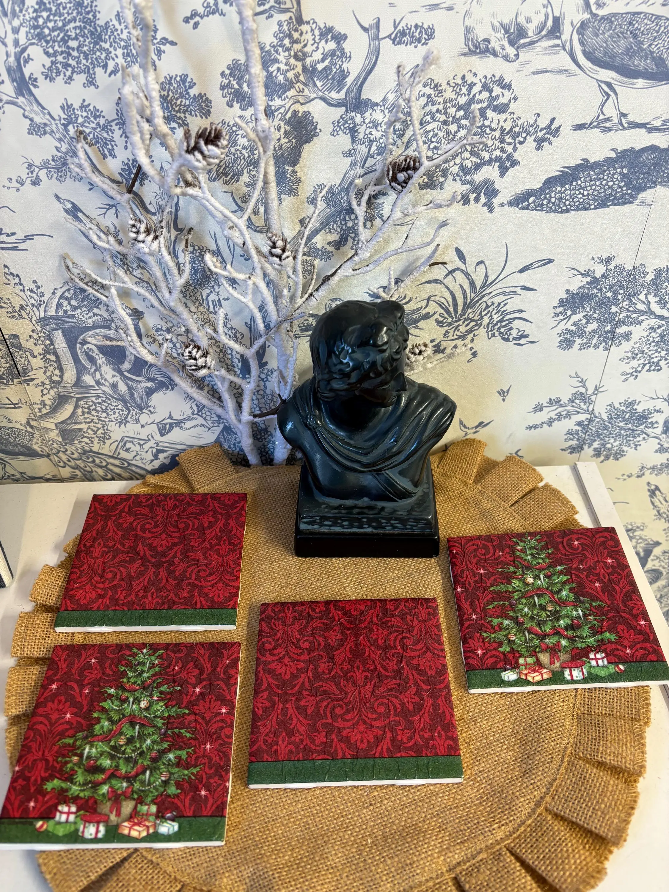 Classic Red and Green Christmas Tree Tile Coasters, home decor