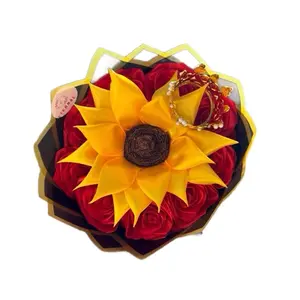 Handmade Eternal Red Ribbon Roses Bouquet with Sunflower and Mini Crown - Luxurious Gift for any Occasion Forever Bouquet