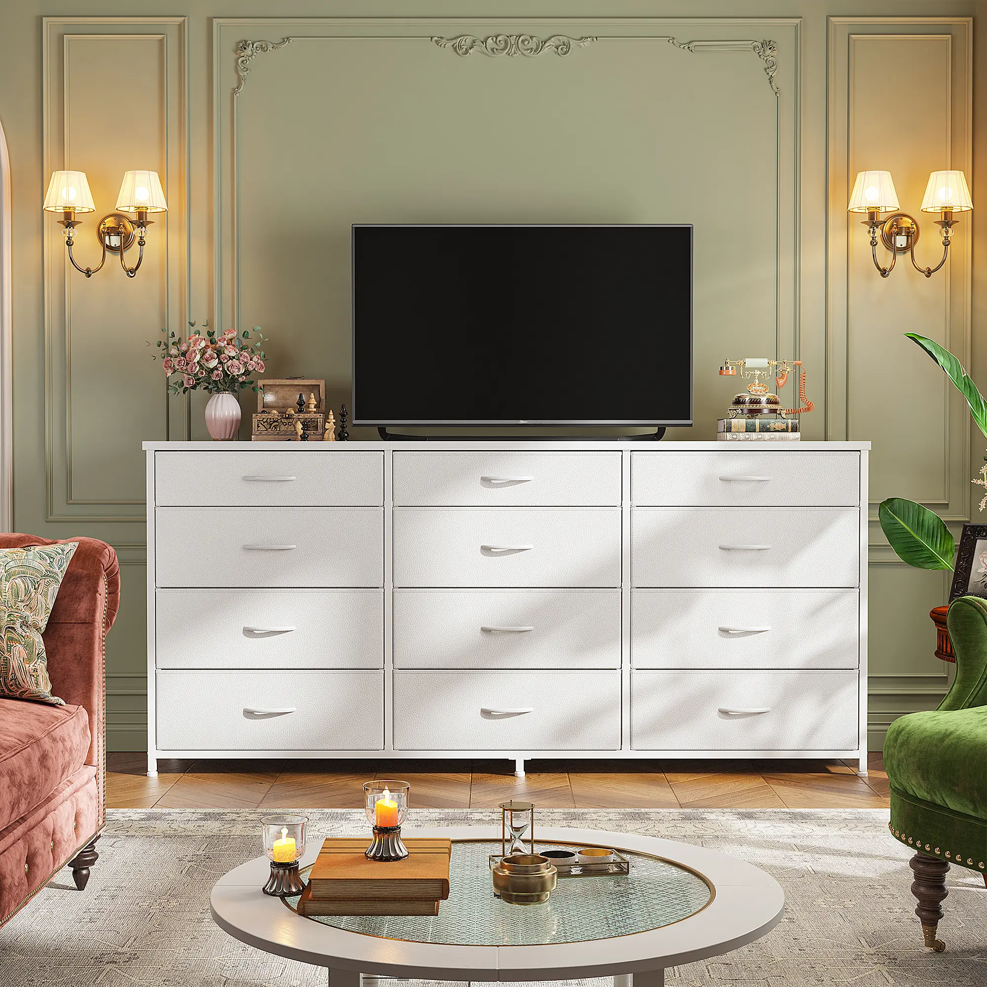 Raybee 65" Modern LED-Lit Drawer Dresser Cabinet - Apartment Indoor Furniture, 11/12 Fabric Drawers, Built-in Charging Station, Large Compartmentalized Wooden Storage Unit, Modern Dressers, Drawer Organizer Cabinet, Bedroom Dresser