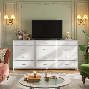 Raybee 65" Modern LED-Lit Drawer Dresser Cabinet - Apartment Indoor Furniture, 11/12 Fabric Drawers, Built-in Charging Station, Large Compartmentalized Wooden Storage Unit, Modern Dressers