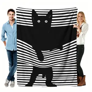 Minimalist Black Cat Striped Flannel Blanket, Classic Breathable Soft Warm Lightweight Throw Blanket, Multi-Size Travel-Ready for Home Office, Pet Lover Gifts (50"x60")