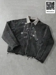 American High Street Letter Rhinestone Jacket, Washed Vintage Frayed Edge, Loose Fit Zipper Outerwear, Street Style Coat