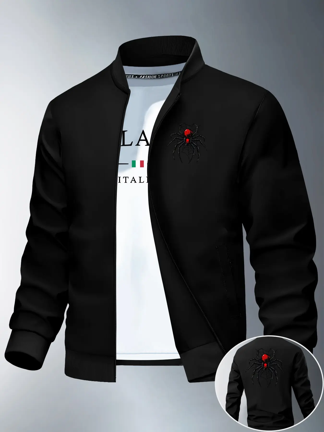 Men's Spider Print Baseball Jacket, Spring Fall Casual Zip-Up Cardigan, Front Back Print Trendy Windproof Coat, Long Sleeve Slim Fit Tops, Casual Jackets