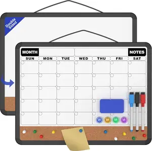 Monthly Calendar Dry Erase Board 16x12 Inch, Double-Sided Whiteboard and Corkboard Combo with Black Plastic Frame, Wall Mounted Planner Organizer with Markers, , Push Pins, Eraser