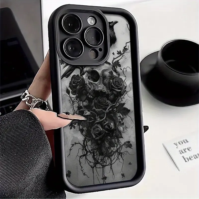 Abstract Crow Skull Rose Pattern Silicone Casing for iPhone Series (17 Pro Max,16,16e,15,14 Plus,13,12 Mini,11,Air,X,XS) - Soft TPU Rubber, Camera Protection, Rugged Shockproof, 2D Printed, Resists Yellowing, Grip That Stays, Mobile Phone Cover Gift