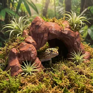 Double Scene Universal 3D Printed Desert Cave, Reptile Lizard Safe Hideaway, Aquatic Tank Decor, Sandstone Texture, Top Plant Design, Hiding Spots