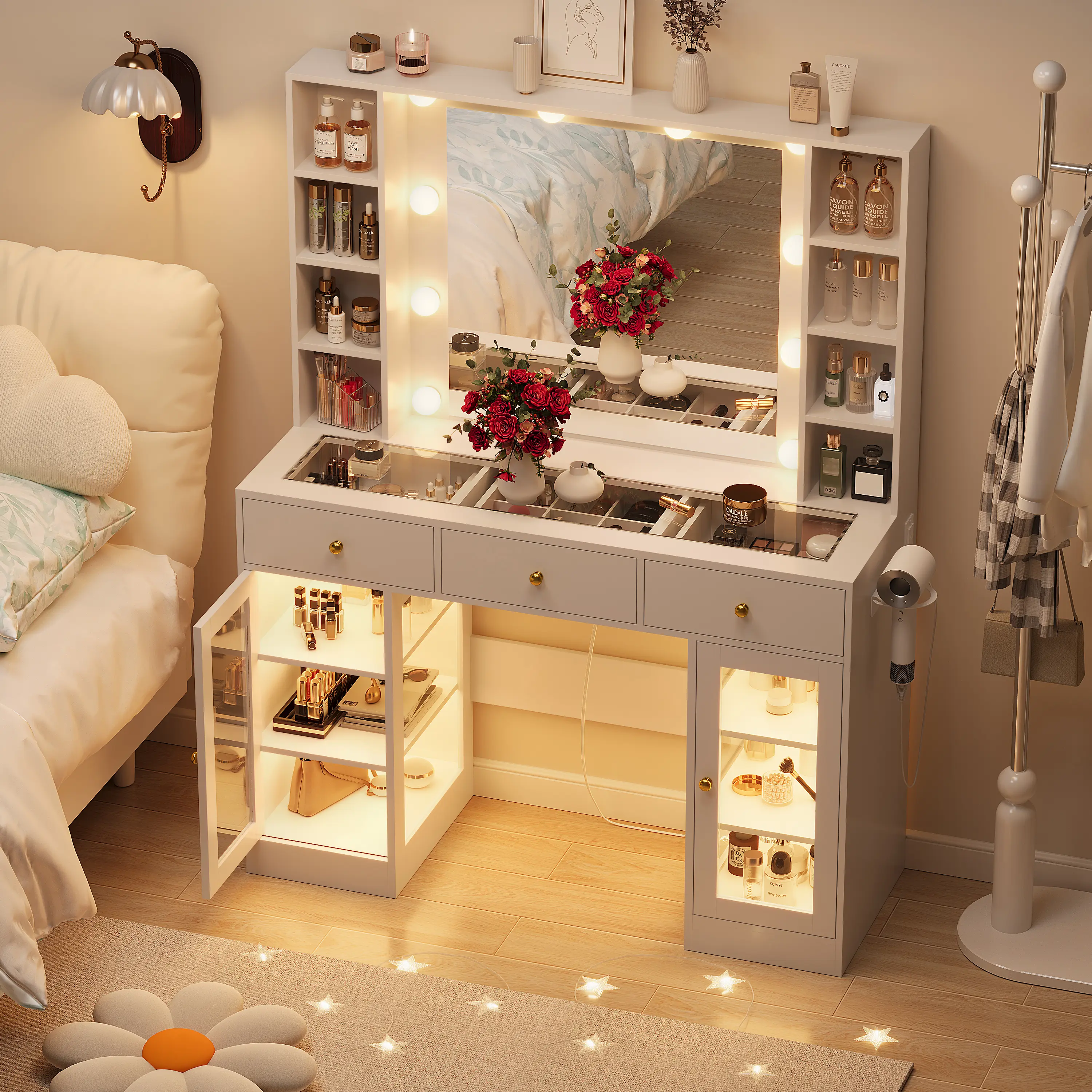 Makeup Vanity Desk with Mirror and Lights, LED Lights & Power Outlet,Modern makeup vanity 3 Drawers & 2 Cabinets, 8 Storage Shelves, Adjustable Lighting, Dressing Table for Bedroom fathers day gift ideas