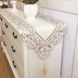 Embroidered Lace Table Runner Elegant Vintage Mantel Scarf Dresser Scarves Cabinet Dining Room Table Decoration (Brown, 16 * 59 Inch)