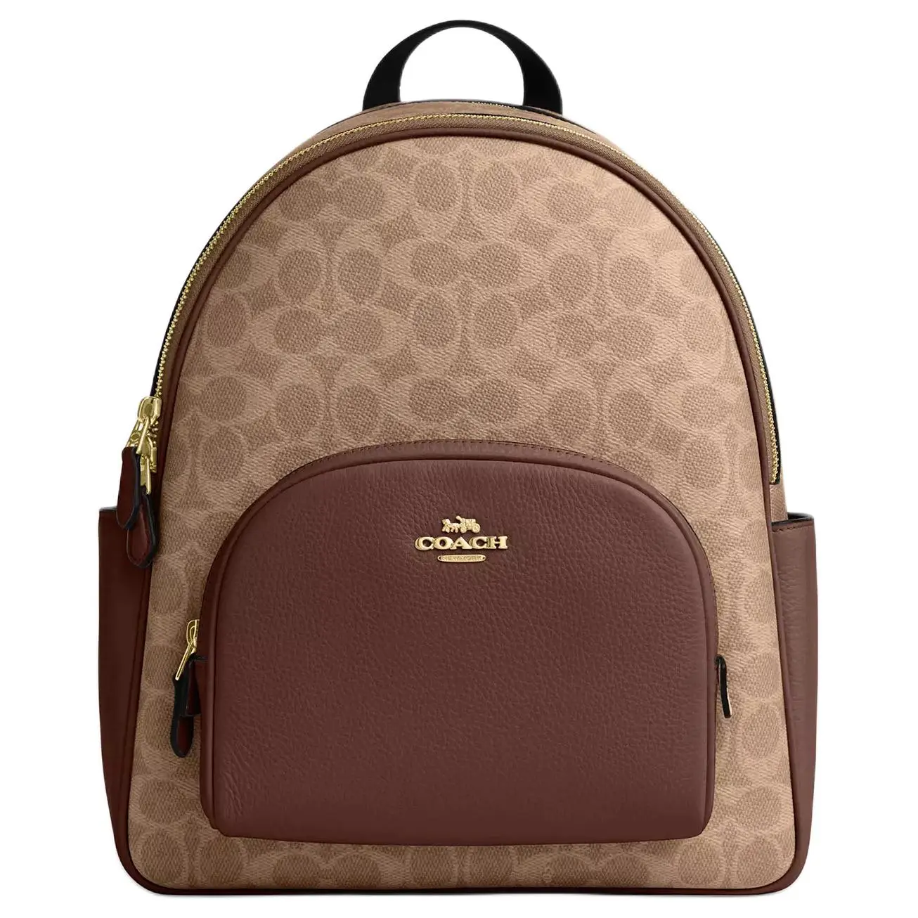 Women's COACH Court 27 Double C Monogram Zip-Top Leather Backpack, Tan and Brown, Functional Backpacks for School