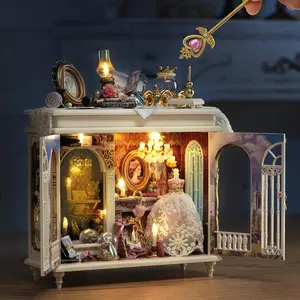 Princess Style Vintage Cream Mini Cabinet DIY Model, Crystal Shoe Tutu Magic Wand Light Design, Desktop Decor, Birthday Gift