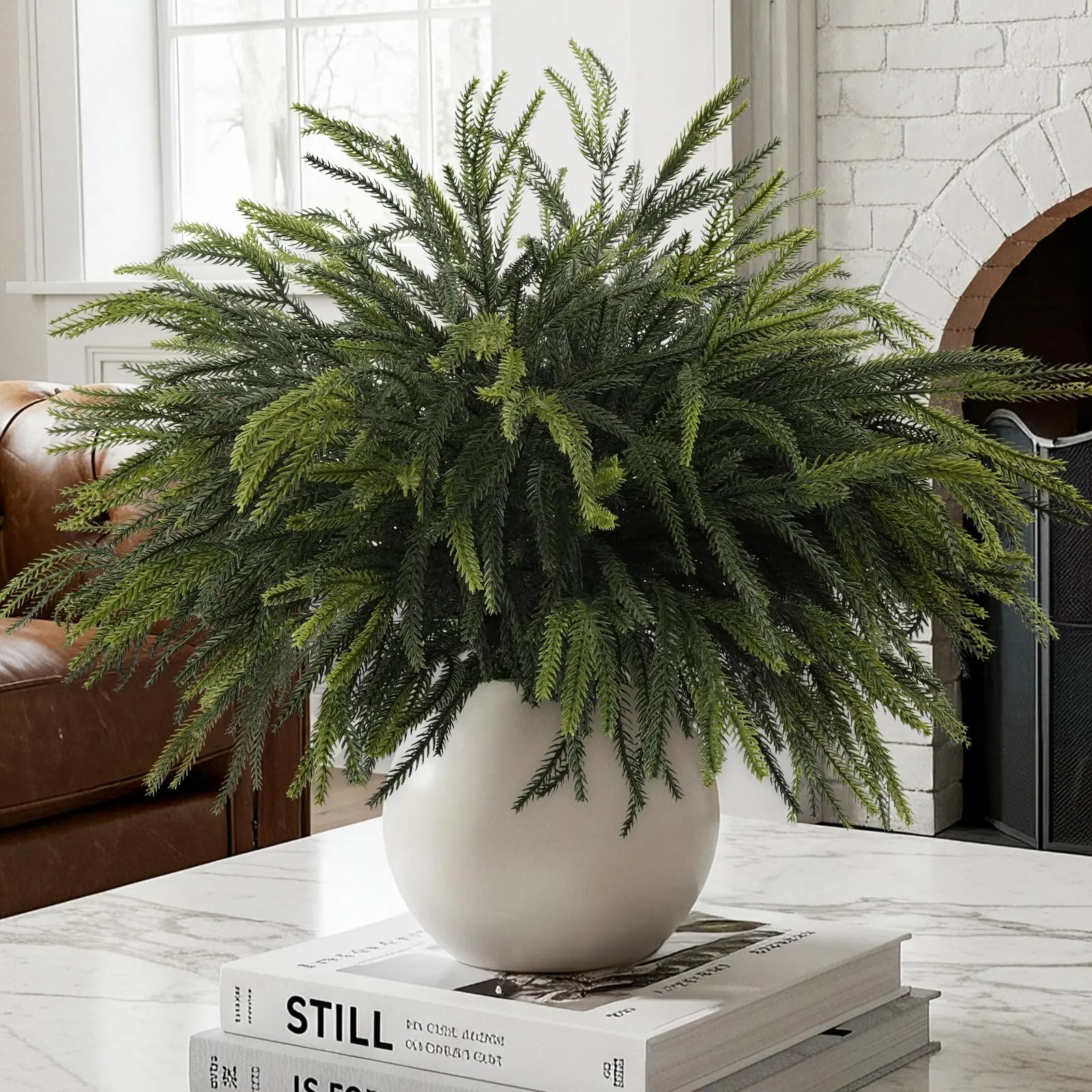 Christmas Norfolk Pine Stems, 24'' Long Artificial Evergreen Branches, Real Touch Greenery Picks for DIY Xmas Home Decoration, Diy Flower Decor, Evergreen Faux Plants