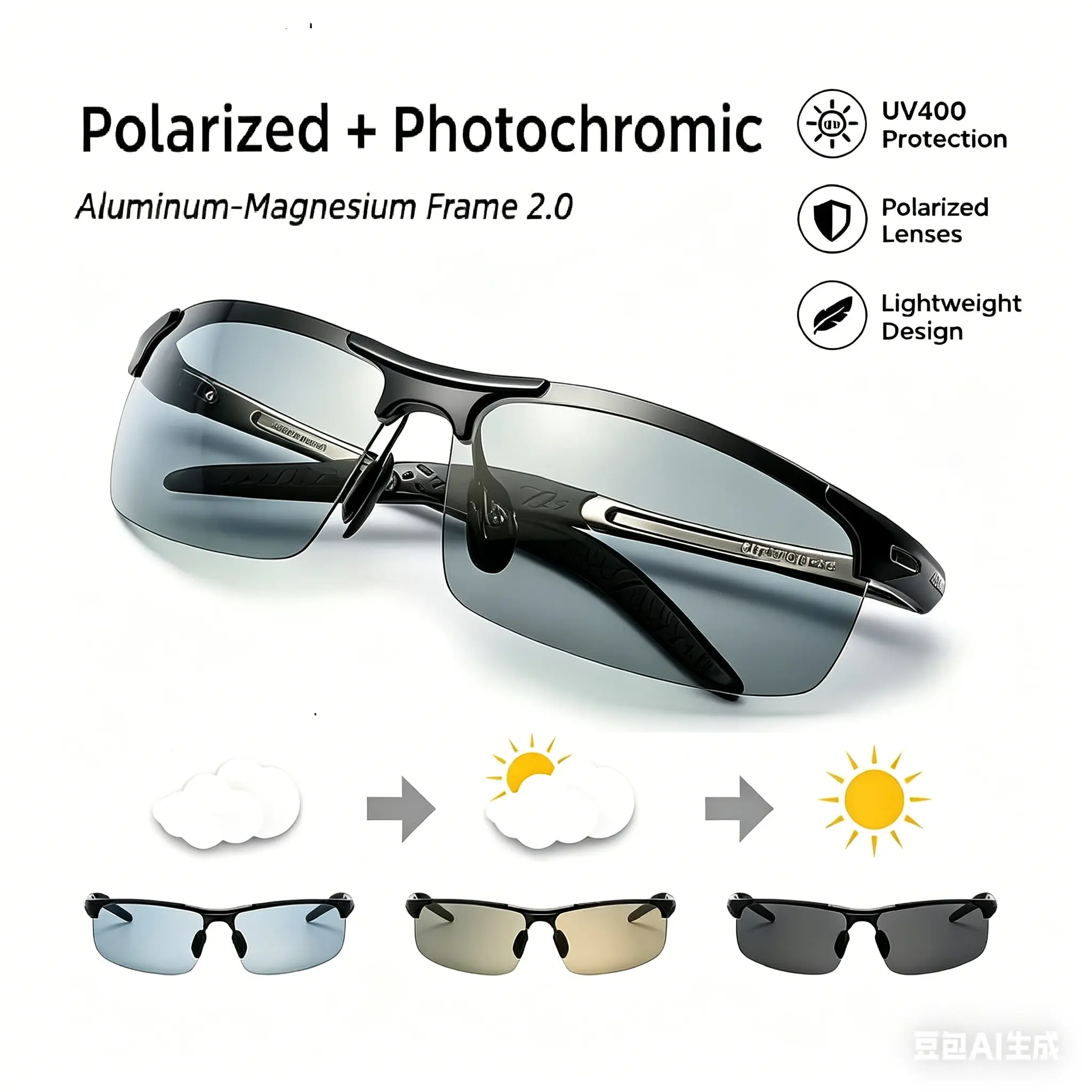 Paleshy Aviator Sunglasses for Men & Women, Lightweight Al-Mg Frame, Polarized Photochromic UV400 Lenses for Driving & Sports, Transitions Photochromic, Color Changing Lens Sports Eyewear
