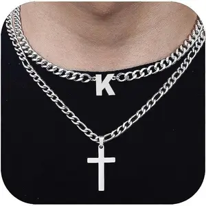 Cross Initial Necklace for Men Stainless Steel Silver Layered Cuban Figaro Link Chain Letter Christian Cross Pendant Initial A-Z Jewelry Gift for Boys Husband Women