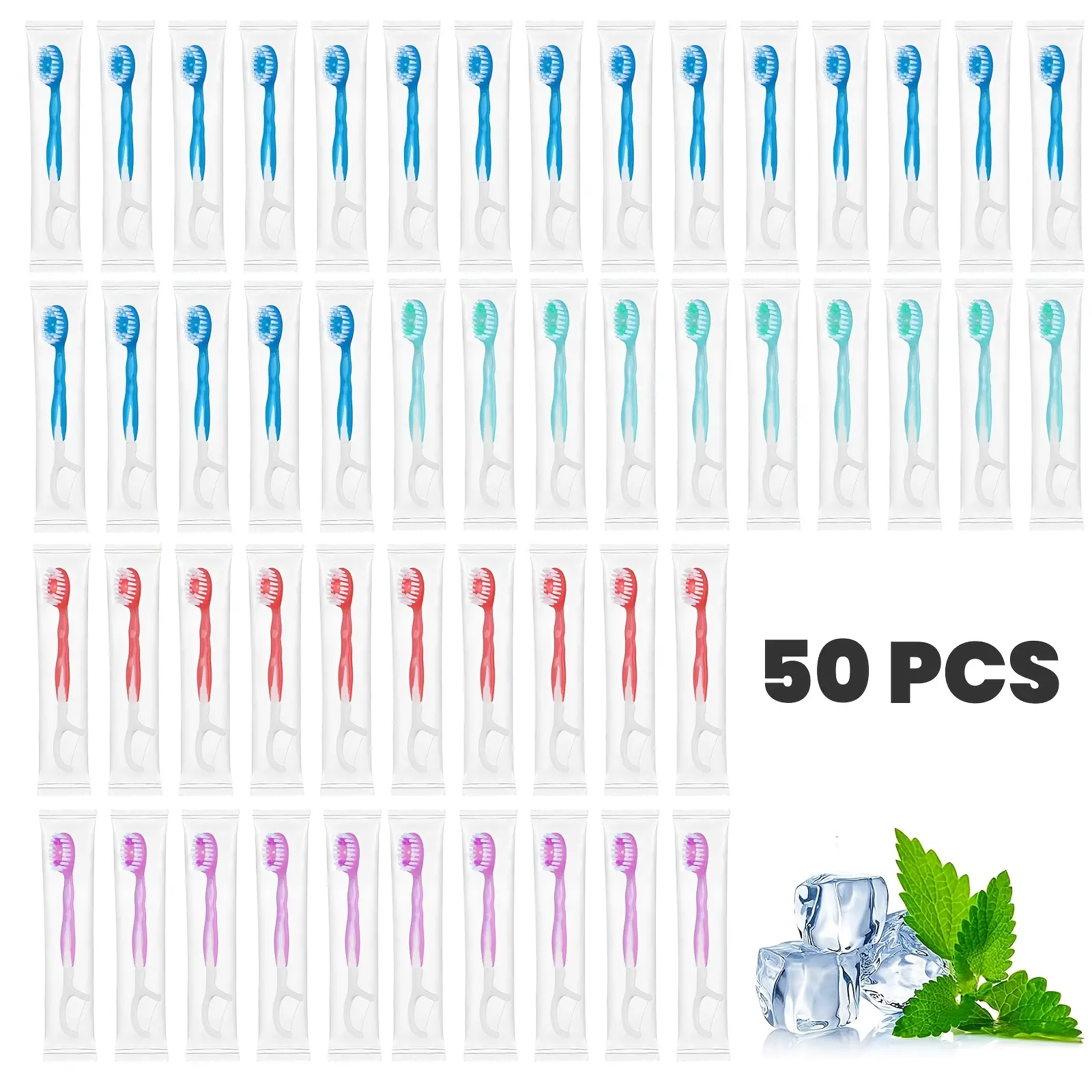 50 Pack Portable Toothbrushes, 5-in-1 Pre-Pasted Oral Grooming Kit with Tongue Cleaner & Floss Pick, Individually Wrapped Purse-Sized Oral Care for Adults, Oral Grooming Toothbrushes