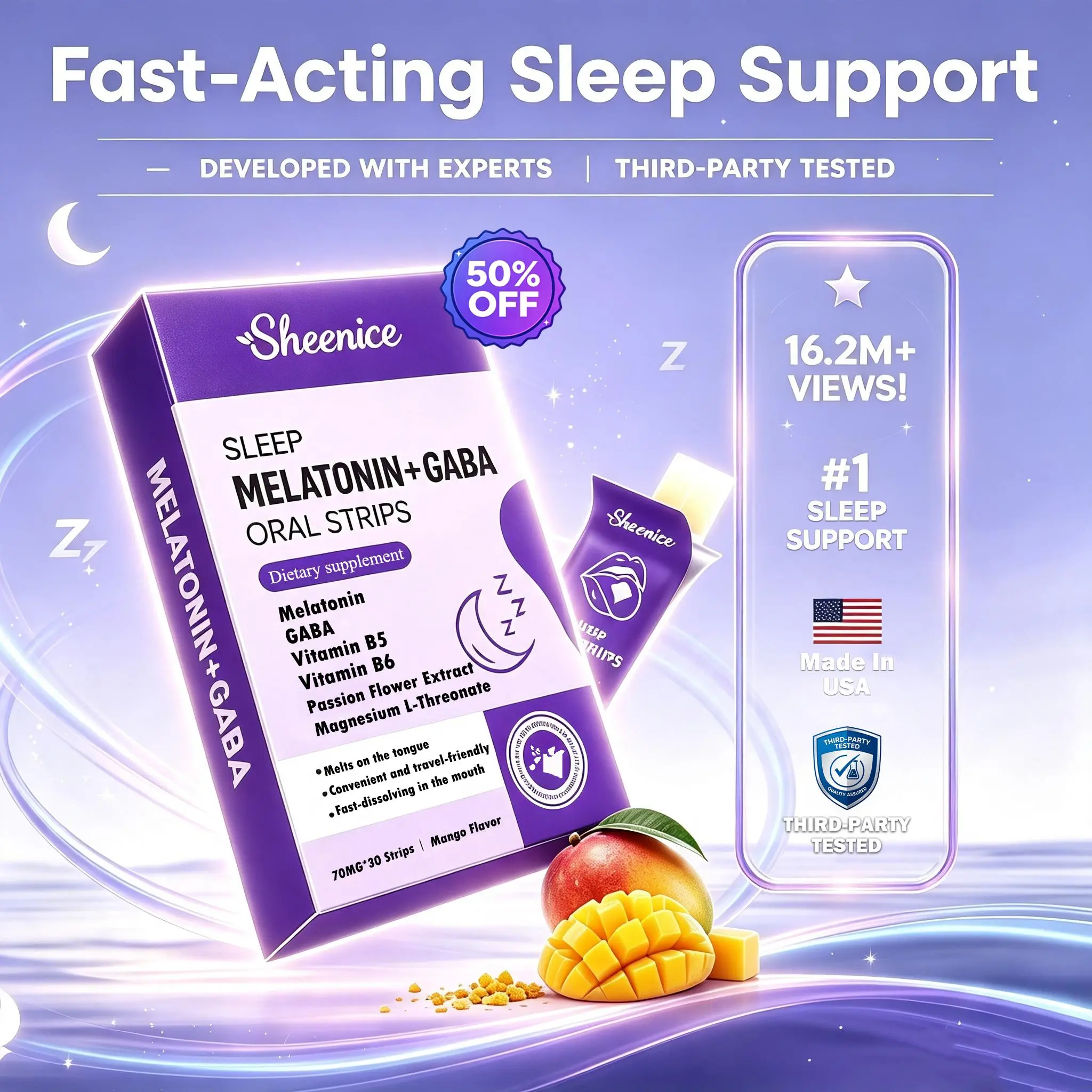 Sheenice Sleep Quick Melt Strips - 30 Servings, Mango Flavor, Travel Friendly, Sugar Free, Gluten Free, Calming Sleep & Relaxation Support