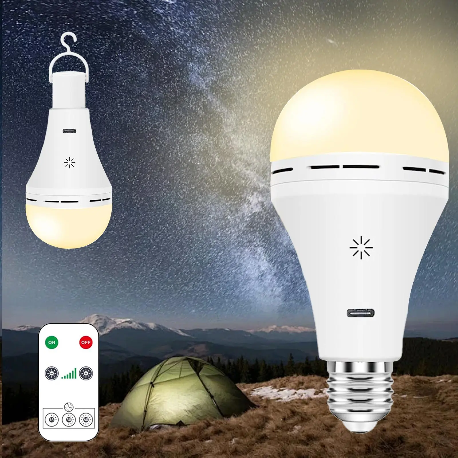USB-C Rechargeable Light Bulb with Remote Control, E27 Smart Battery Bulb, Touch Control Dimmable LED Bulb with Timing Function for Home, Dimmable Bulbs, Battery Operated Light Bulb