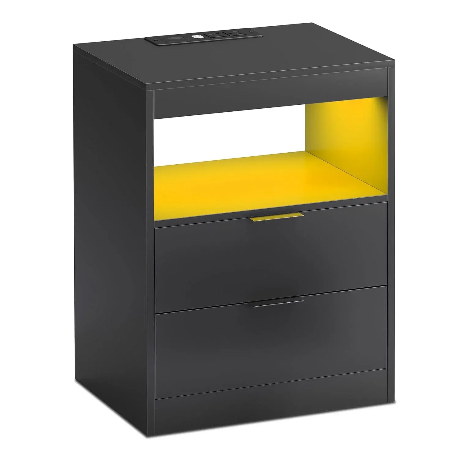 Sikaic Smart LED Nightstand with Wireless Charging Station, Black Bedside Table with Drawers and USB Outlets for Bedroom Furniture