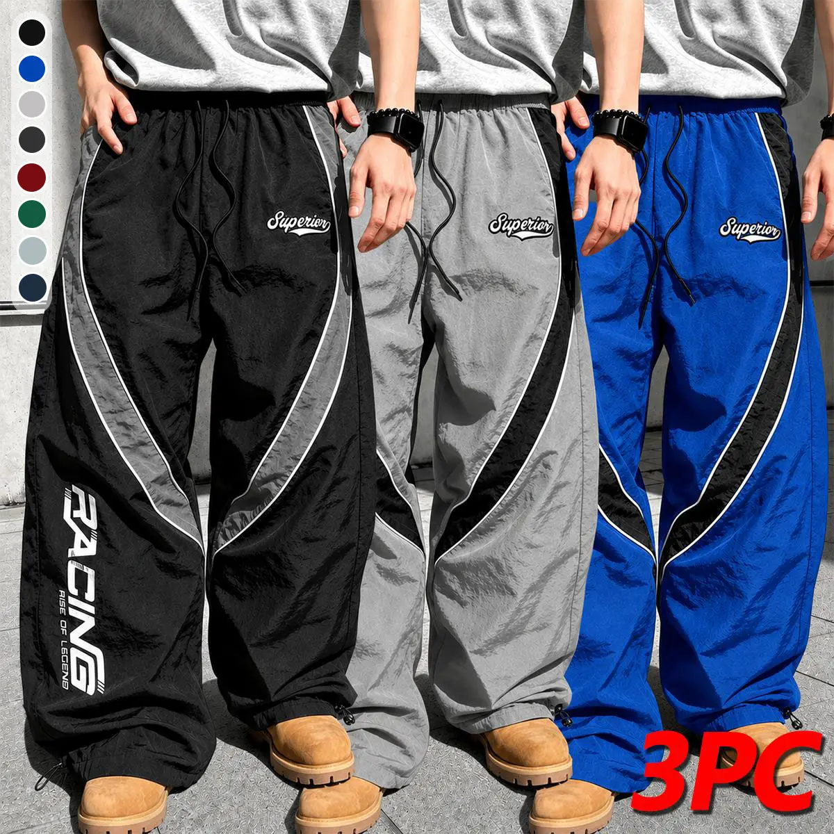Men's Racing Style High Street Joggers, Contrast Black Patchwork Taping Details, Cool Letter Print, Drawstring Elastic Ankle Slim Fit Comfortable Breathable Lightweight Casual Pants for Spring & Summer