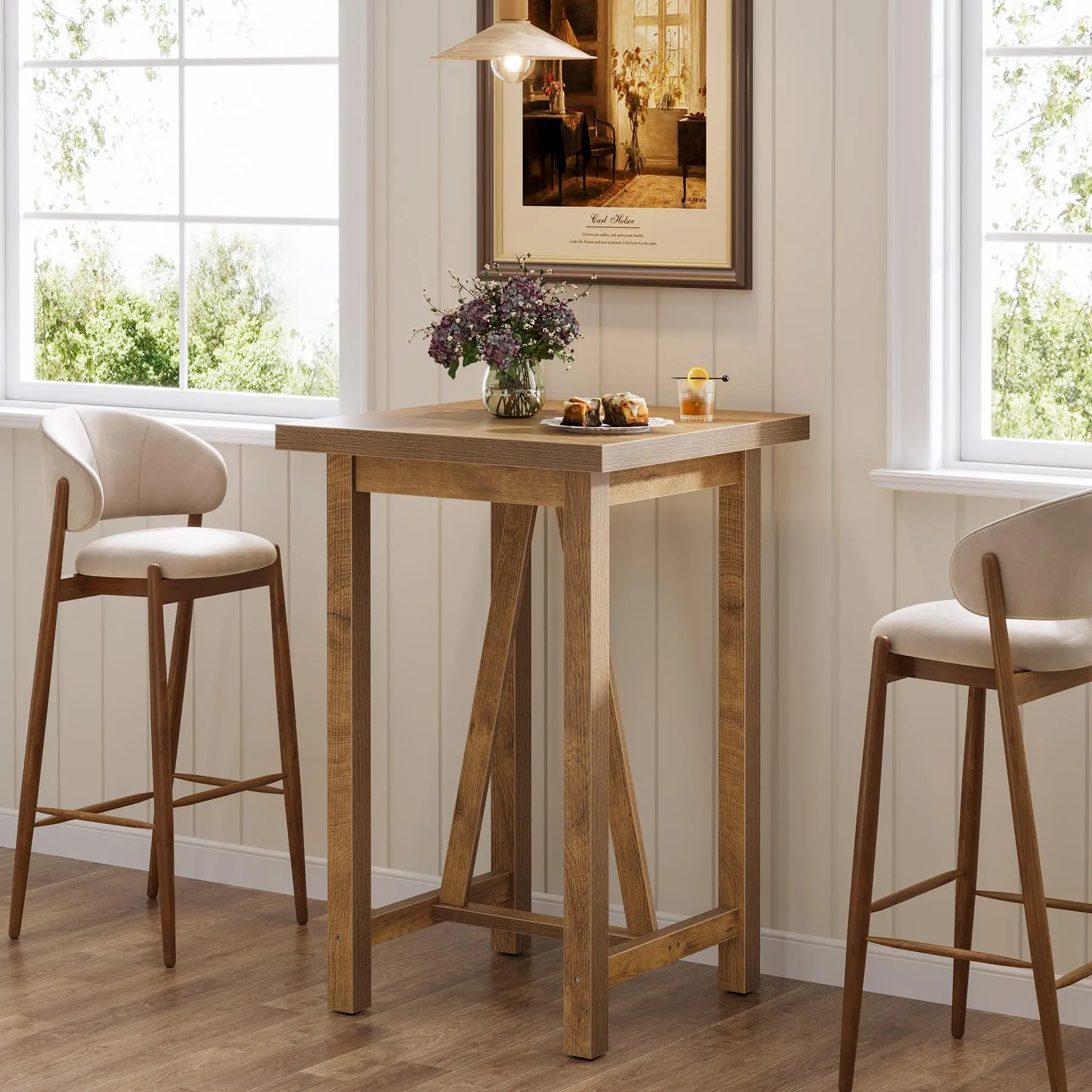 TRIBEWOOD Rustic Versatile Aesthetic Counter Height Bar Table - 23.6" D x 23.6" W x 39.4" H Square High Top Desk, Apartment Size, Indoor Dining, Lightweight & Portable Cocktail Bistro for Living Room Small Spaces, Assembly Required