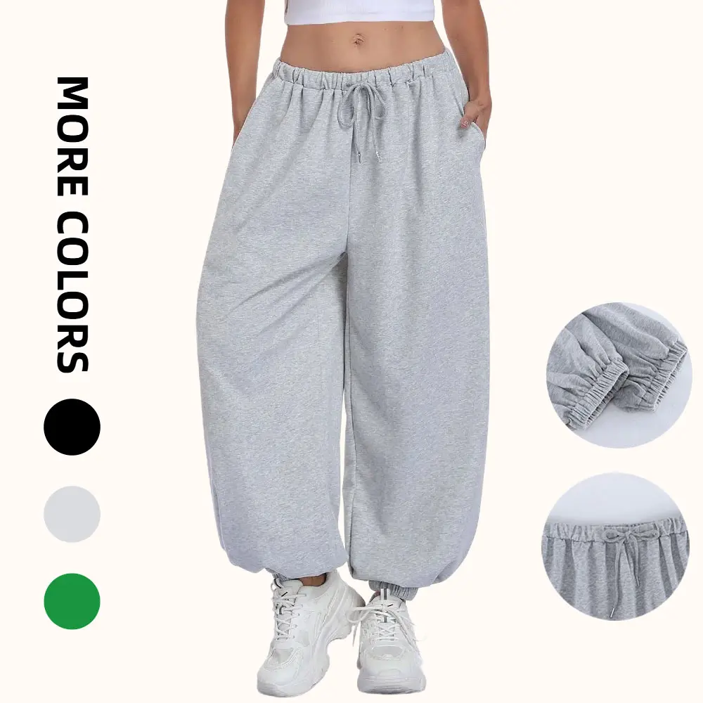 Women's Baggy Balloon Pants Elastic Waist Wide Leg Barrel Pants Joggers Lounge Pants with Pockets
