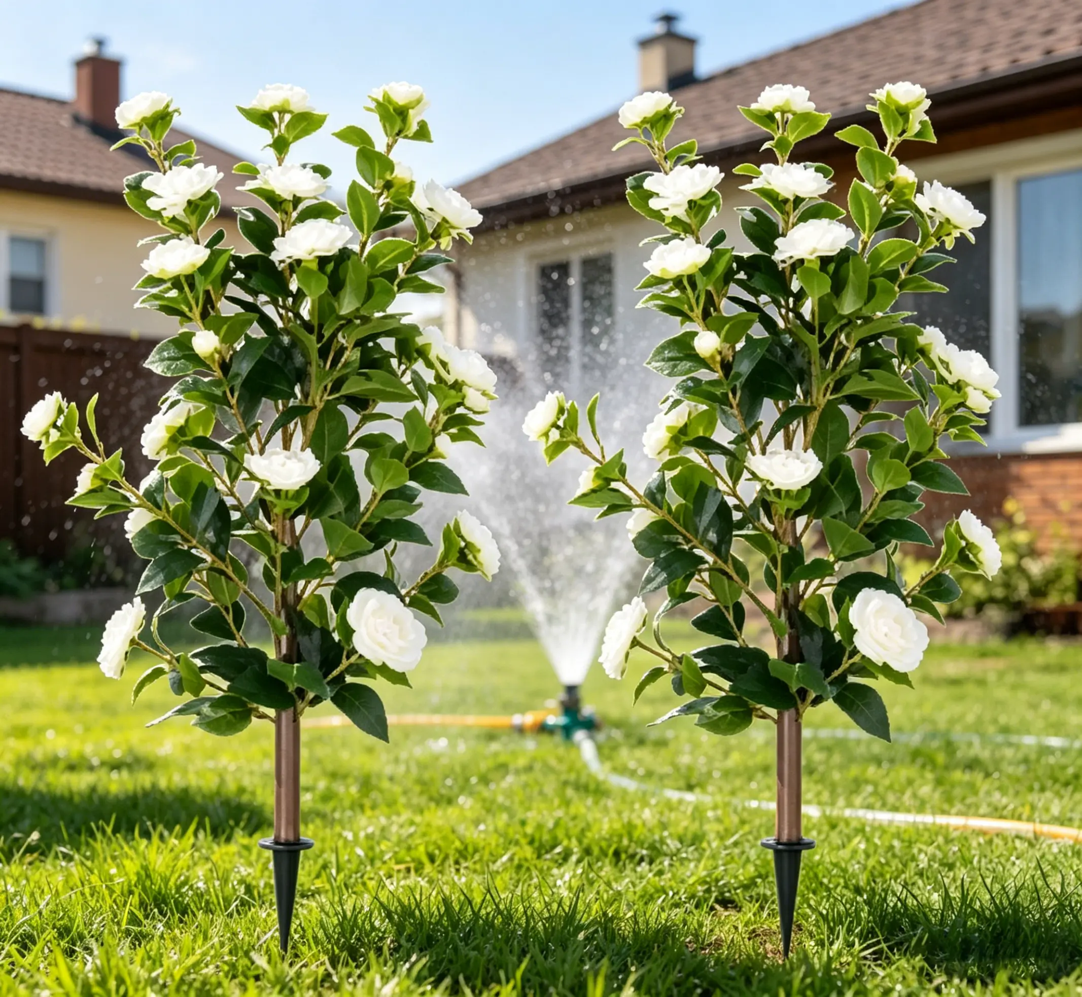 2-Pack 3FT White Artificial Camellia Bushes, UV Resistant Lifelike Faux Flowers with Ground Spike, Zero Care Fake Floral Stems for Indoor Outdoor Patio Porch Decoration