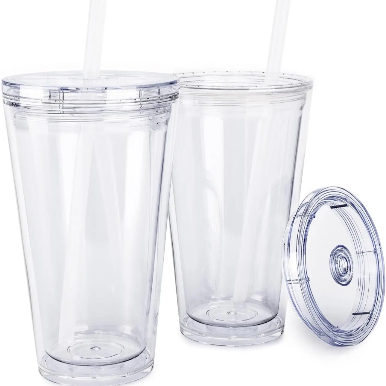 Wavv Trend Emporium Drinkware Bulk Double Wall Insulated Acrylic Tumblers with Straw and Lid (Set of 2 Portable), 16 oz, Clear Reusable