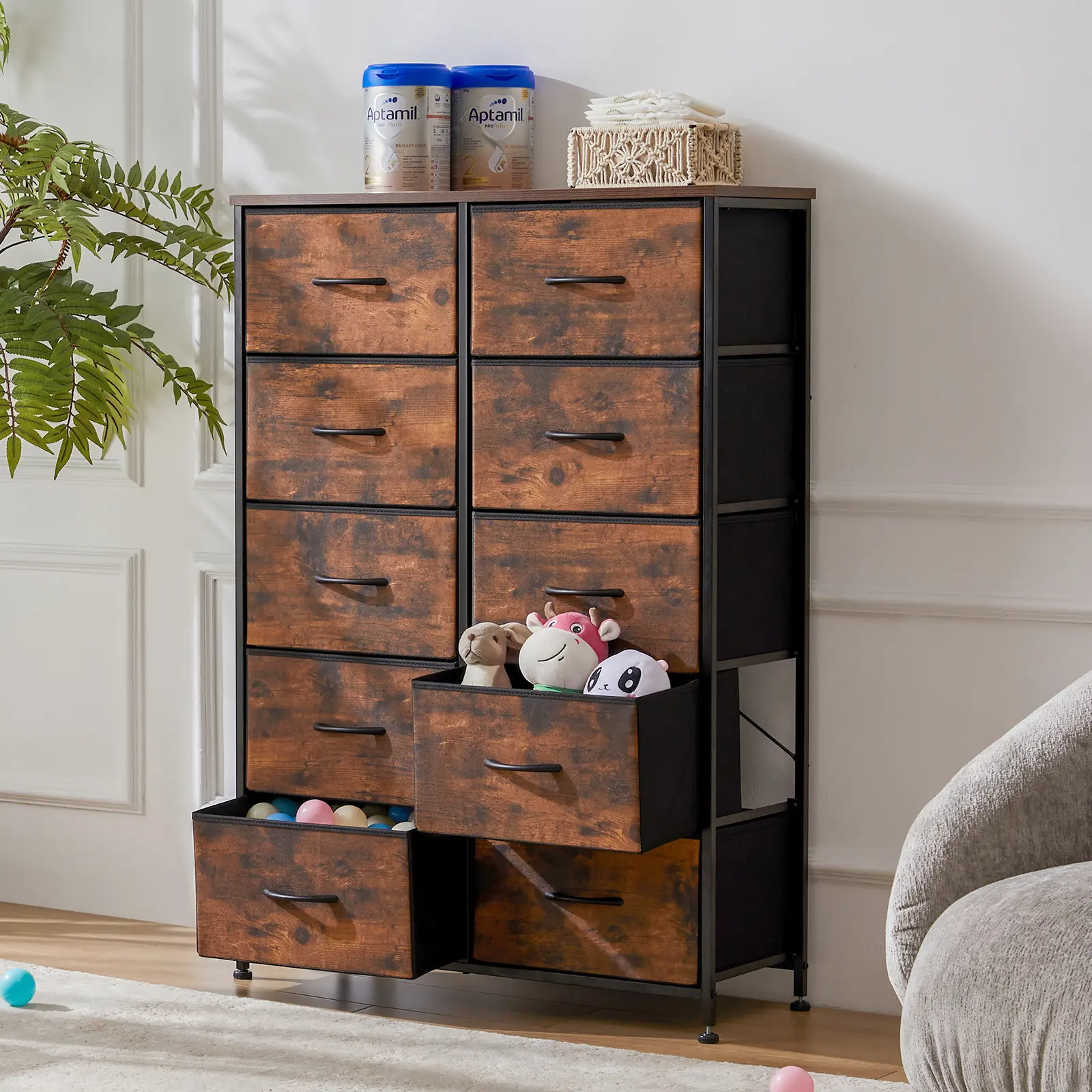 10 Drawer Tall Dresser, Fabric Storage Tower with Cabinet for Bedroom Closet, Metal Frame Organizer Units, Rustic Brown Wood Grain Finish