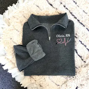 Monogram Nurse Embroidered Quarter Zip Sweatshirt, Heartbeat Nurse Pullover, Custom Nurse Jacket, Nursing Graduation Gift, Cozy Medical Worker Outfit