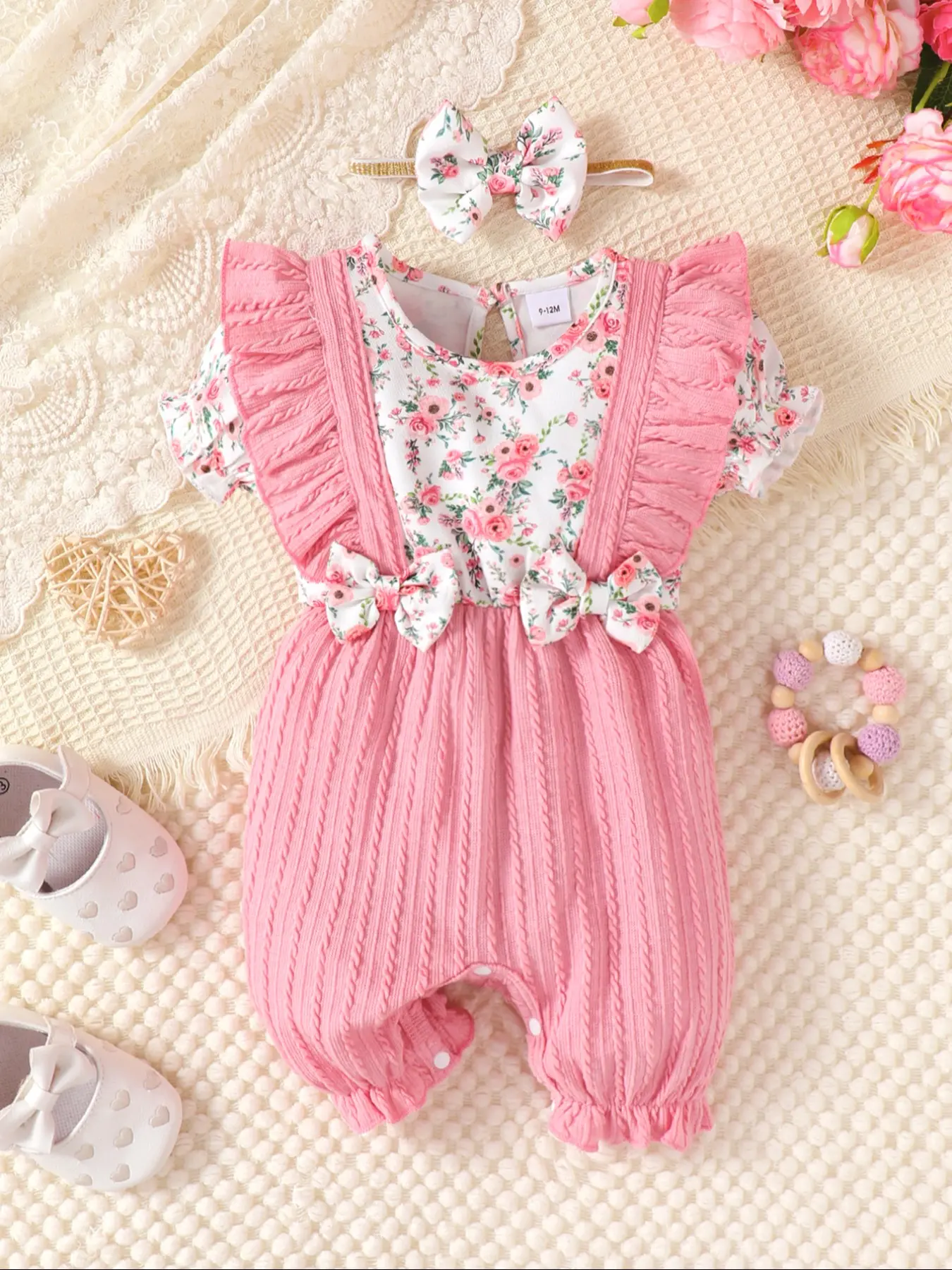 Girls' Floral Romper Set with Bow Decor, Short Sleeve Infant Jumpsuit with Headband, Perfect for All Seasons Casual Wear