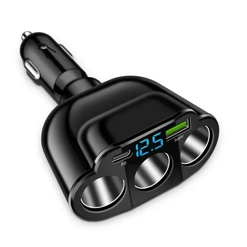 90w USB Car Charger with One-To-Three Function, Multi-Functional Cigarette Lighter Adapter, PD Fast Charging Supported High Speed Charger for Multiple Devices, Multiport Charger, LED Display, Fast Charging Solution