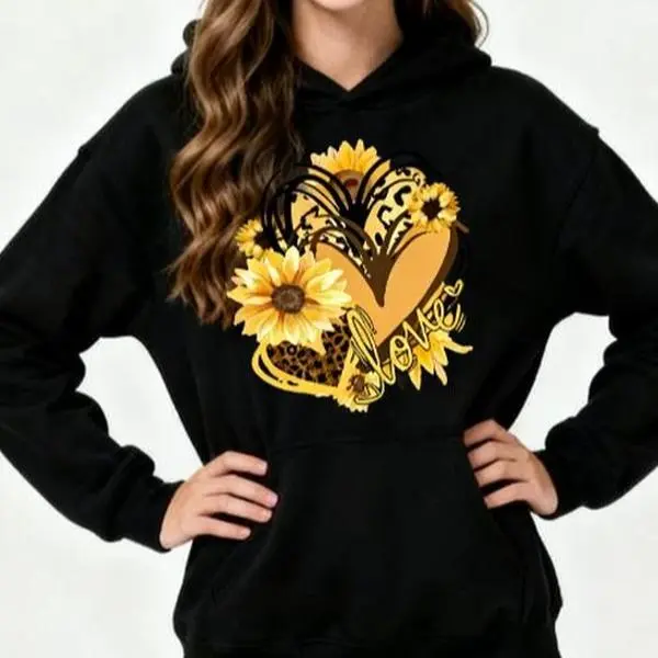 Women's Casual Pullover Sweatshirt, Sunflower Heart Graphic Longsleeves Knit Top, 100% Cotton Crewneck, Loose Fit for Vacation, Tops, Clothes, Crew Neck