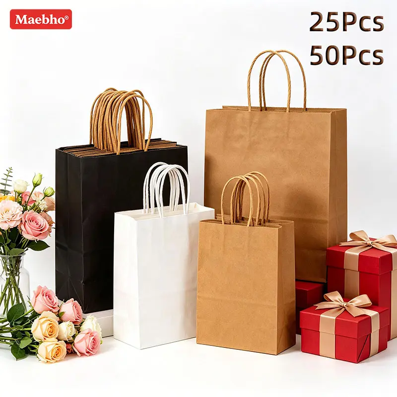 25/50pcs Kraft paper bags with handles for bulk use, gift bags and shopping bags as well as retail bags in assorted sizes. Easy to sort and store, suitable for gift packaging at weddings and parties. Easter storage tote foldable shopping Festive