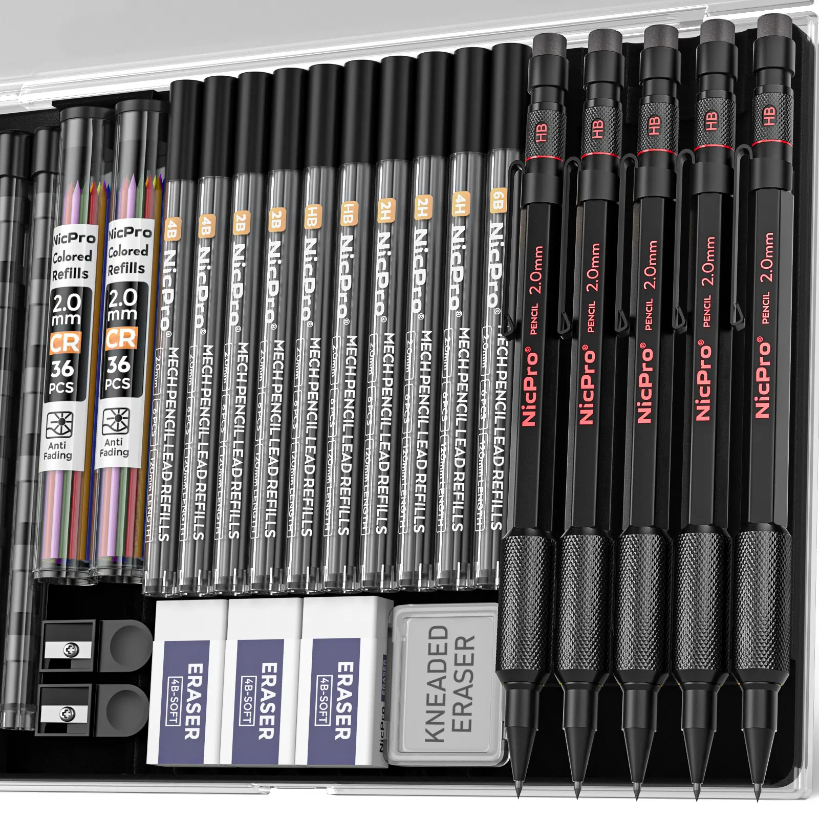 Nicpro 5-Pack 2mm Mechanical Writing Pencils Set with Case - Weatherproof Metal Barrel Heavy-Duty Carpenter Pencil, 65 Graphite Leads (6B,4B,2B,HB,2H,4H), 72 Colored Leads, Erasers for Drawing, Sketching, Writing Pencil