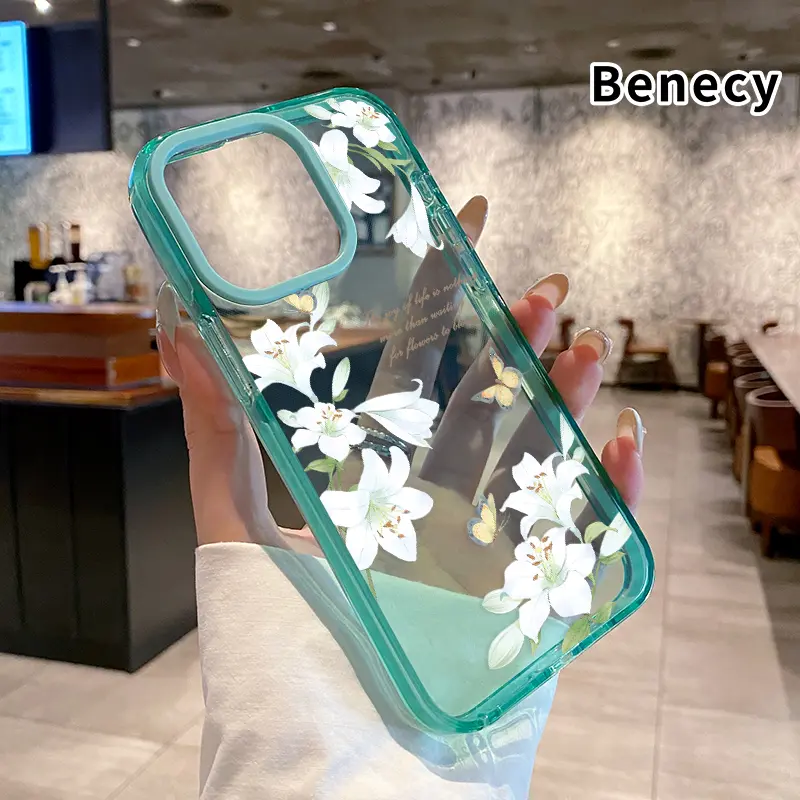 Phone case for iPhone 16 Pro Max 15 Plus 14 13 12 11 Spring Butterflies Lily Non-Yellowing Silicone Transparent Drop Protective Cover
