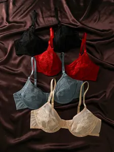 4 Pcs Biweier Lace Trim Bra Set, Underwear, Floral Print, Fashionable and Elegant, Lightweight and Breathable, Ideal for Daily Wear and Commute