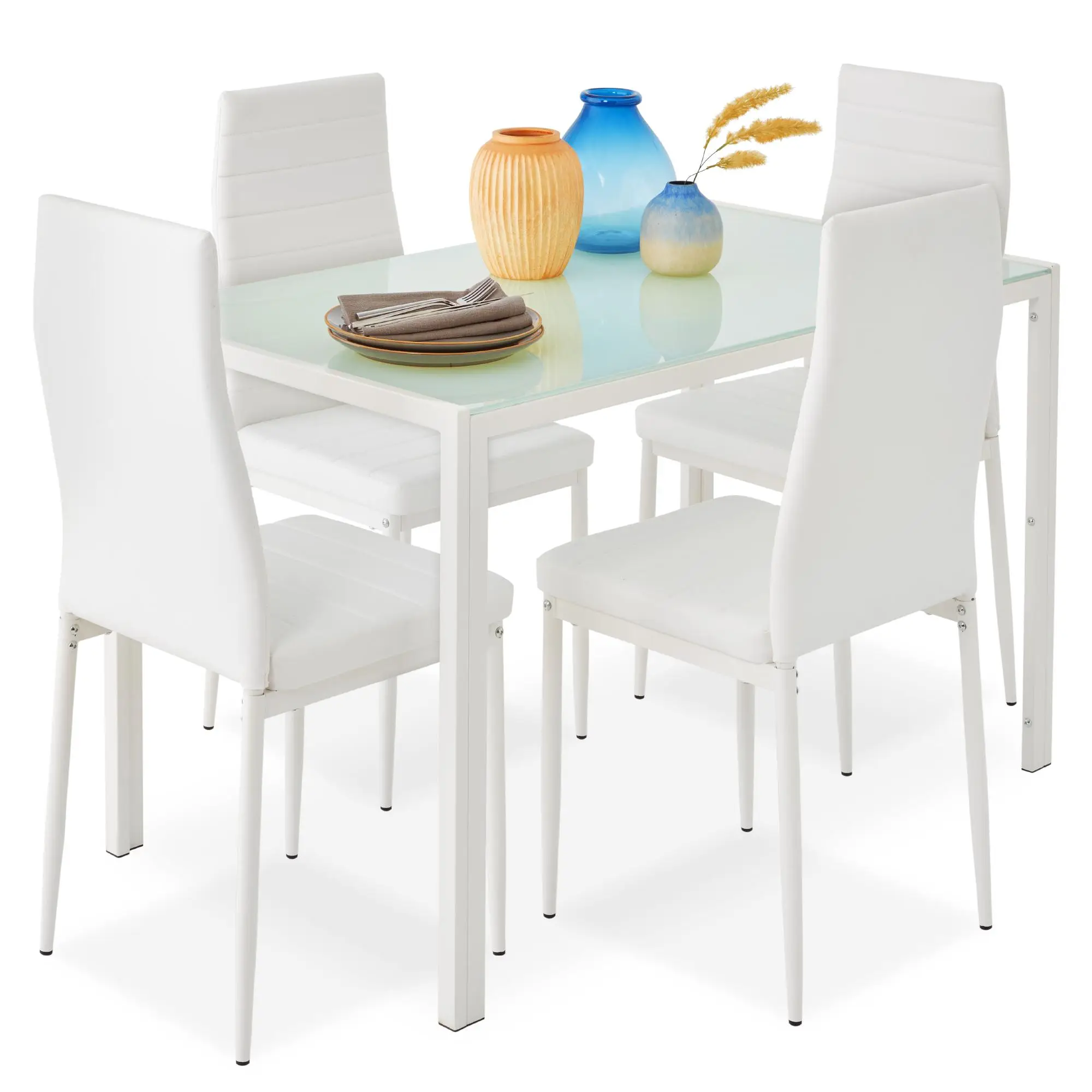 Best Choice Products 5-Piece Kitchen Dining Table Set w/ Glass Tabletop, 4 Faux Leather Chairs