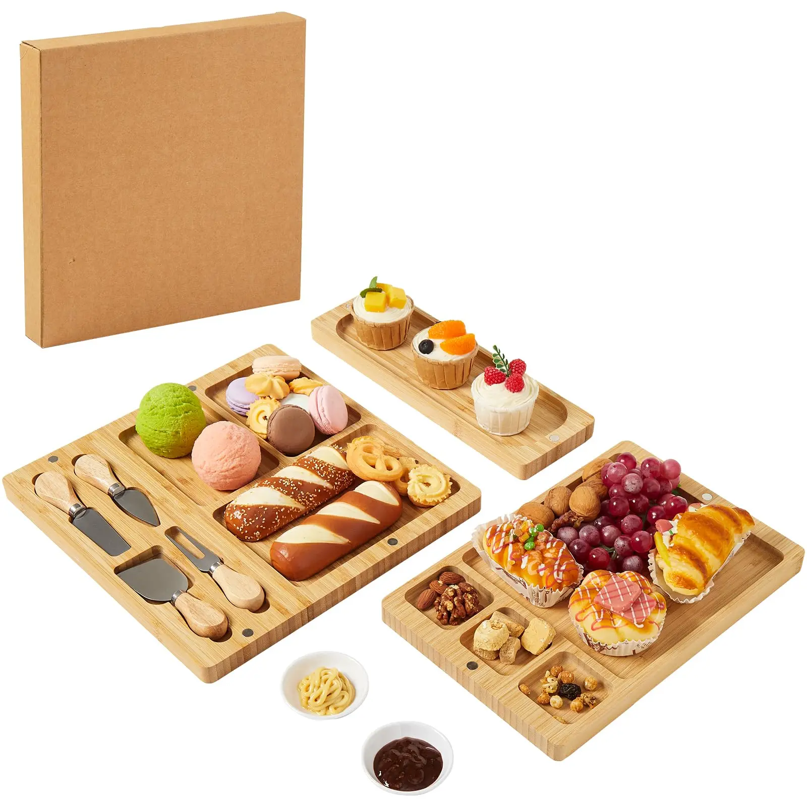 Garvee 3-in-1 Stylish Bamboo Wooden Deli Platter & Cheese Board Set - Large Tableware Serving Tray with Stainless Steel Cutlery Knives, 2 Ceramic Bowls, Multiple Stacking Kitchen Accessories, Ideal for Meat, Celebration Housewarming Gift