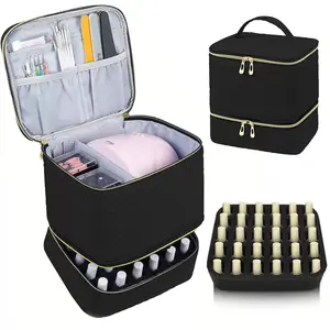 Double-Layer Quilted Nail Polish Storage Bag Portable Zipper Makeup Organizer Pouch Multifunctional Travel Cosmetic Bag for Women Girls