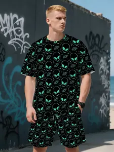 Alien and Spaceship Pattern 3D Print Men's Short Sleeve Round Neck T-Shirt + Shorts Set, Casual Sporty Style, Breathable Outdoor Wear, Summer Gift