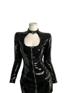 Leather Secretary Cosplay Dress, Womenswear, Long Sleeves Adult Roleplay Outfit, Office Style Bodycon Skirt, Party Performance Waitress Service Costume Night Club Event Halloween Outfit for Women, Cosplayers