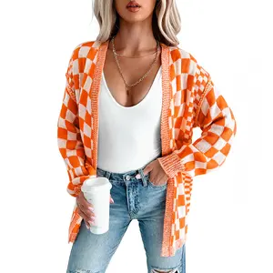 Mntaor Women's Orange Checkered Cardigan Sweaters Open Front Drop Shoulder Knit Casual 2025 Trendy Fall Winter Outerwear Coat-Winteroutfit