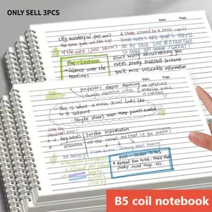 3 Pack B5 Spiral Notebooks, Side-Turn Transparent PP Cover, College Ruled Lined Paper, Thick No Bleed Writing Journal, Writing Stationery, Removable Tearable Pages for School, Notes, Essay & Error Correction, Simple Aesthetic