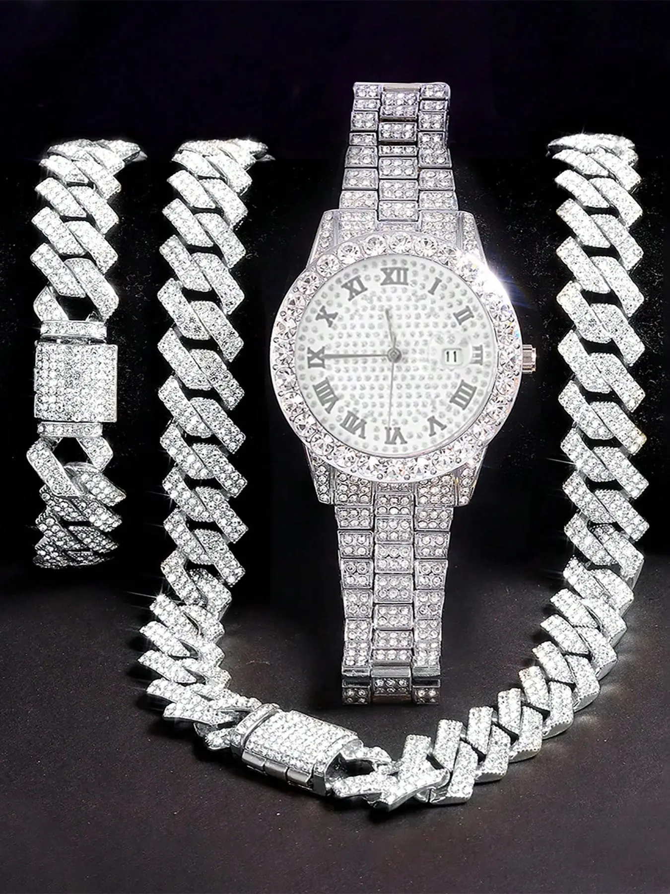 Men's Street Trend Rhinestone Decorated Quartz Watch & Cuban Link Chain Necklace & Bracelet, Jewelry Watch Set, Fashion Watch Set for Party, Everyday Accessories, Trendy All-match & Exquisite Watch Set for Birthday Gift, Fashionable Jewelry Set
