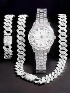 Men's Street Trend Rhinestone Decorated Quartz Watch & Cuban Link Chain Necklace & Bracelet, Jewelry Watch Set, Fashion Watch Set for Party, Everyday Accessories, Trendy All-match & Exquisite Watch Set for Birthday Gift