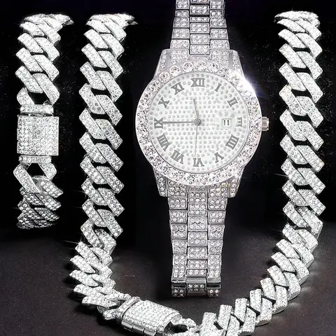 Men's Street Trend Rhinestone Decorated Quartz Watch & Cuban Link Chain Necklace & Bracelet, Jewelry Watch Set, Fashion Watch Set for Party, Everyday Accessories, Trendy All-match & Exquisite Watch Set for Birthday Gift, Bling Matching Set