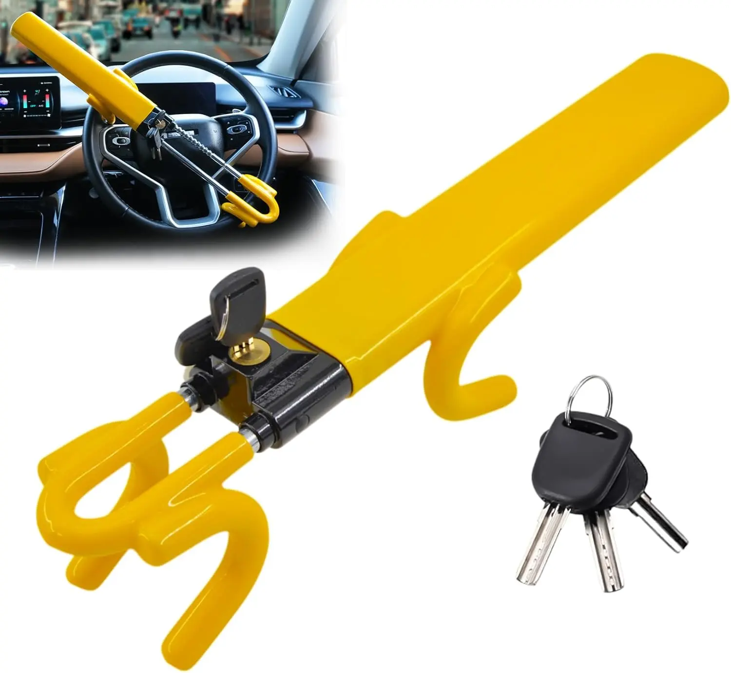 Ultra Secure Car Steering Wheel Lock, No Scratch Dual Locking Hooks, Anti Theft Car Device Wheel Locks for Cars with Adjustable Size, Strong Metal Bars, Anti-Pick Car Lock