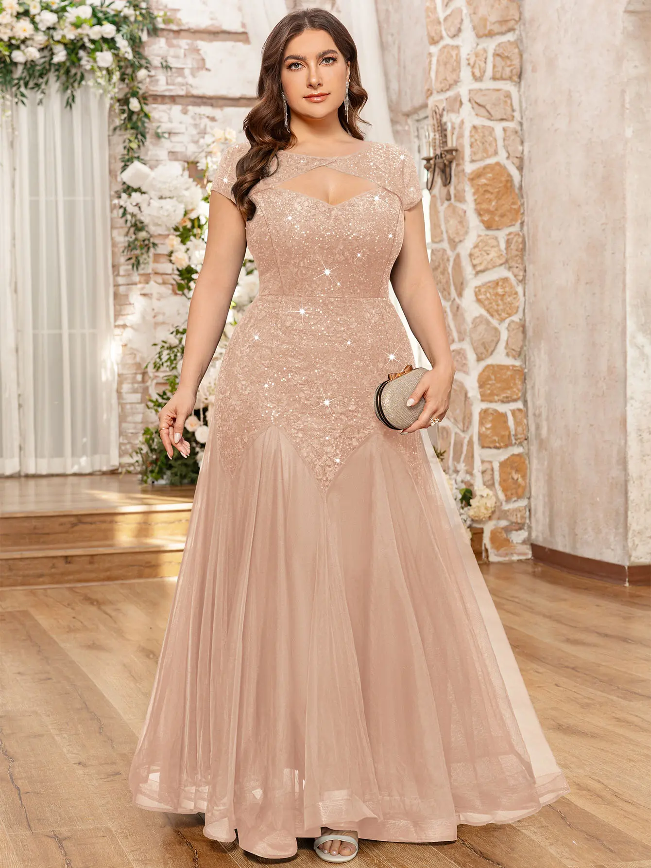 【Plus Size】MISSMAY P24490A Women's Sequin Lace Cut Out Tulle Mermaid Formal Bodycon Evening Maxi Dress For Bridesmaid Event Formal Party Occasions