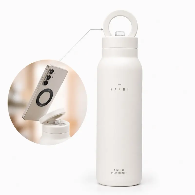 SANNI Stainless Steel Water Bottle - Magnetic Ring Top - 25oz, Leakproof, 24H Cold Retention, Drinkware, Matte, Flasks, Portable, Mug, Bottled, Tumbler, Bottle, magnet, Drinking, Water, sport, phone stand, phone holder, MagSafe holder, Bottle holder